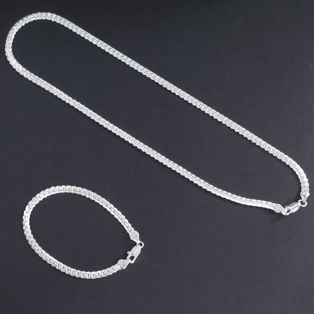 925 Silver Necklace Bracelet Set Cuban Snake Chain Men's Vtg Fashion Gift